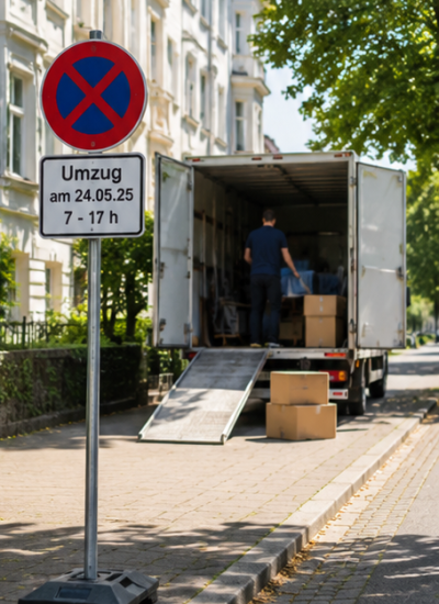 Freigehaltene Halteverbotszone für einen Umzugswagen in Wiesbaden