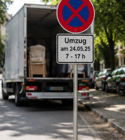 Transporter parkt direkt vor dem Haus bei einer Umzugsabsperrung in Wiesbaden